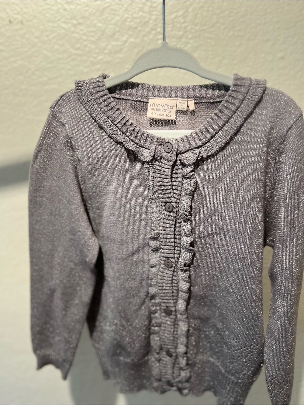 Girls' Metallic Gray Ruffle-Front Cardigan - Picture 2 of 5